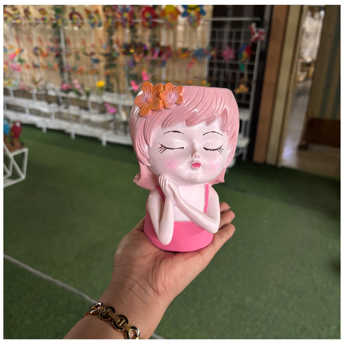 Wonderland 6 Inch Adorable "Dreaming Girl" Resin  Planter – Decorative Pink Head Vase for Indoor Plants, Cute Face Pot for Home & Office Décor- 3.5x2.5x6 inch(Plant Not Included)