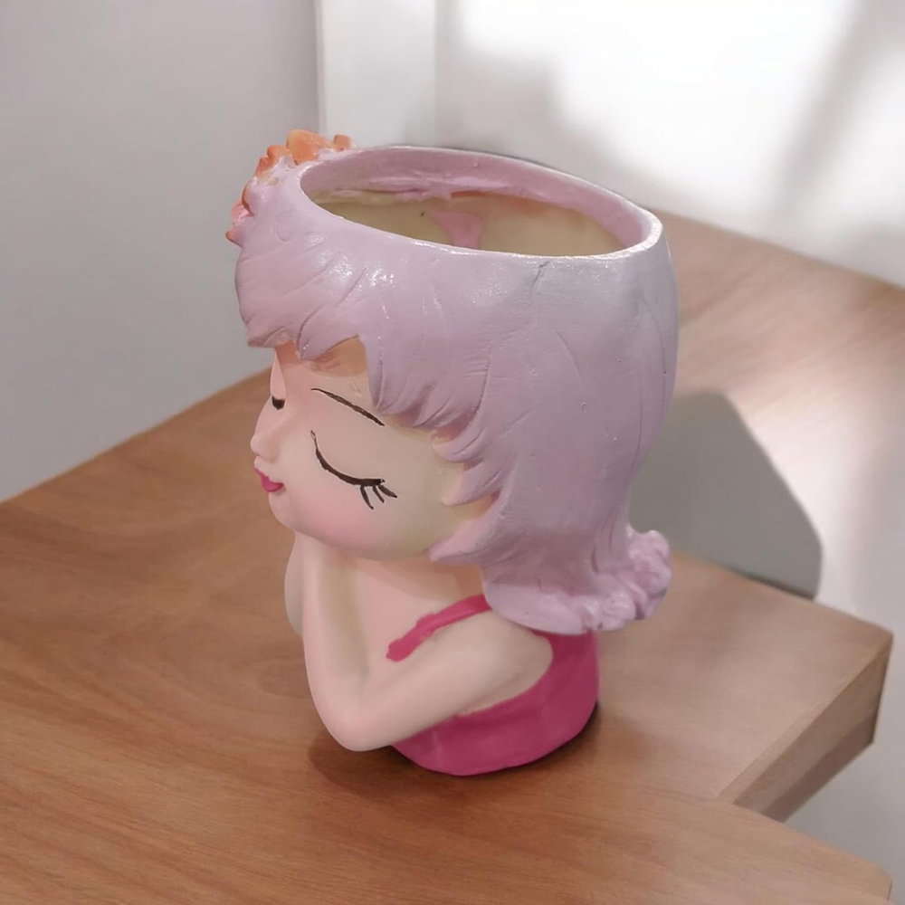 Wonderland 6 Inch Adorable "Dreaming Girl" Resin  Planter – Decorative Pink Head Vase for Indoor Plants, Cute Face Pot for Home & Office Décor- 3.5x2.5x6 inch(Plant Not Included)