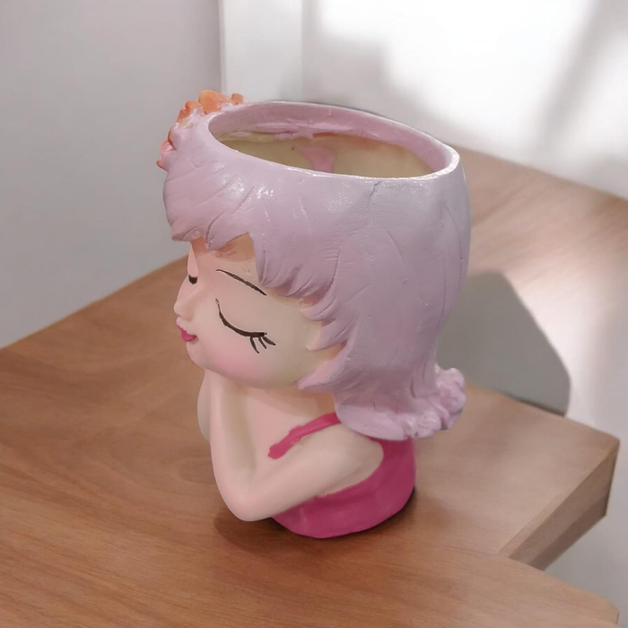 Wonderland 6 Inch Adorable "Dreaming Girl" Resin  Planter – Decorative Pink Head Vase for Indoor Plants, Cute Face Pot for Home & Office Décor- 3.5x2.5x6 inch(Plant Not Included)