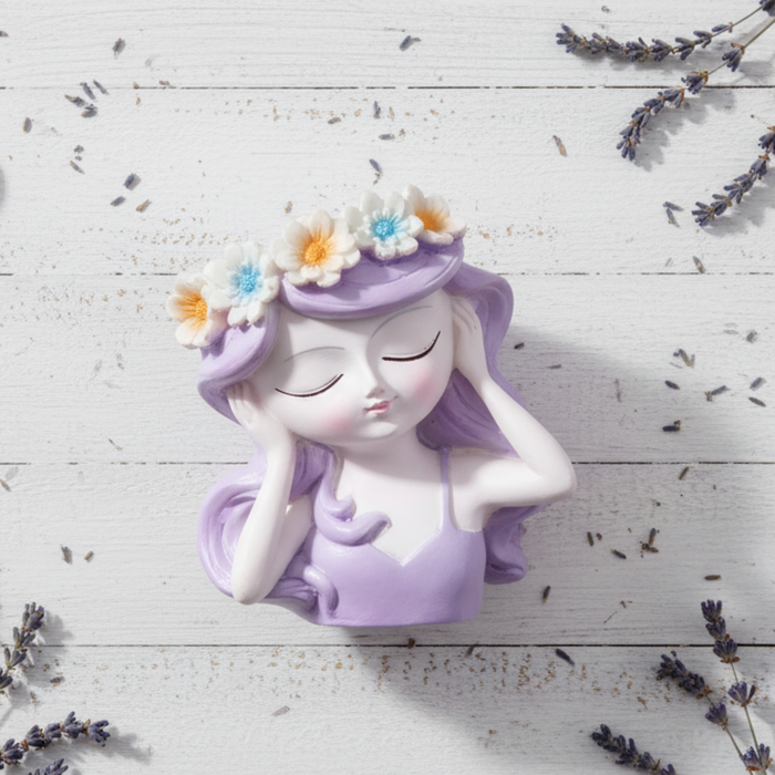 Wonderland Serene Girl Head Planter – Purple Flowered Crown Succulent Pot – Whimsical Resin Face Vase for Indoor Plants and Home Décor(3.5x2x4 inch)