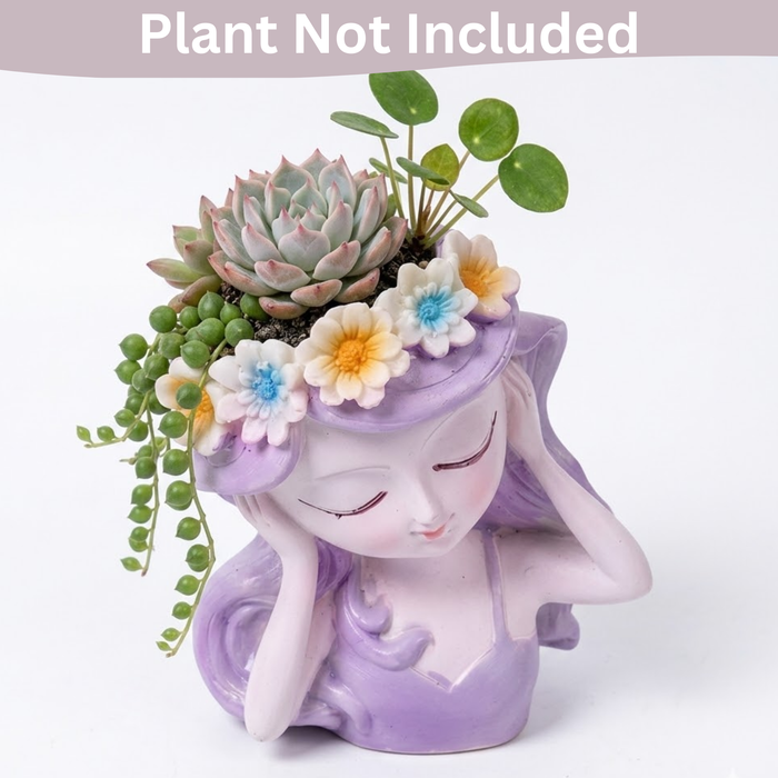 Wonderland Serene Girl Head Planter – Purple Flowered Crown Succulent Pot – Whimsical Resin Face Vase for Indoor Plants and Home Décor(3.5x2x4 inch)