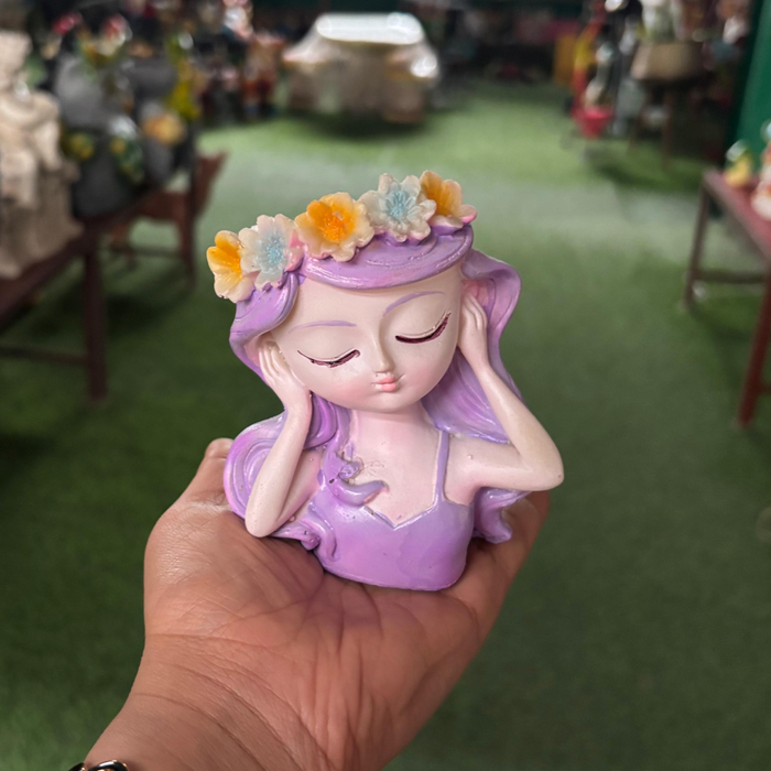 Wonderland Serene Girl Head Planter – Purple Flowered Crown Succulent Pot – Whimsical Resin Face Vase for Indoor Plants and Home Décor(3.5x2x4 inch)