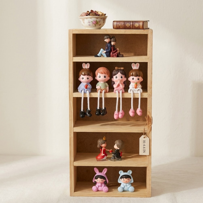 5-Slot Wooden Almirah-Shaped Mini Figures Cubby Box Display Shelf Organizer Storage Box (Light Brown) (Miniature not Included