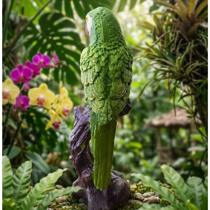 Realistic Green Parrot on Tree Trunk Figurine