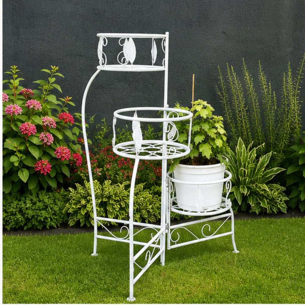 3-Tier Foldable Metal Plant Stand – White Leaf-Pattern Multi-Tier Flower Pot Holder
