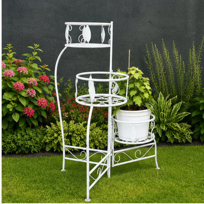 3-Tier Foldable Metal Plant Stand – White Leaf-Pattern Multi-Tier Flower Pot Holder