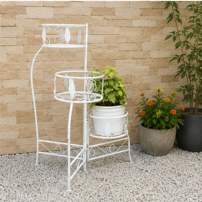 3-Tier Foldable Metal Plant Stand – White Leaf-Pattern Multi-Tier Flower Pot Holder
