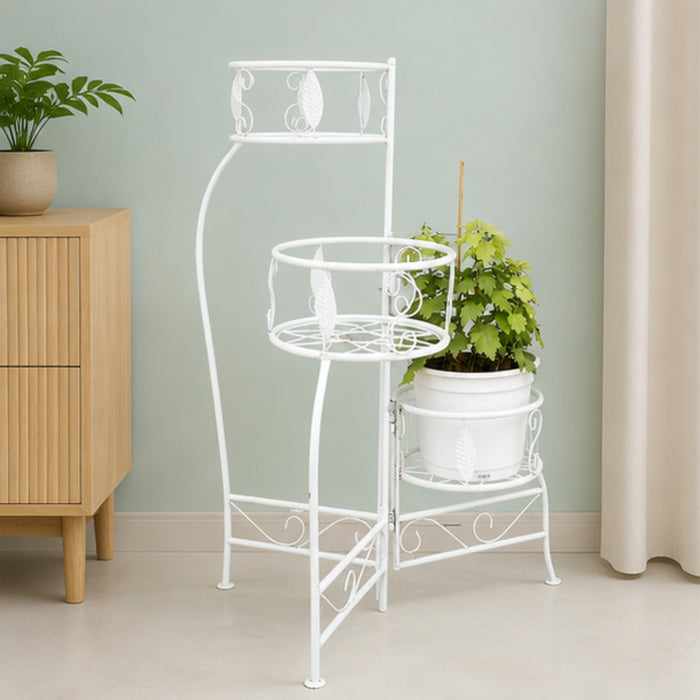 3-Tier Foldable Metal Plant Stand – White Leaf-Pattern Multi-Tier Flower Pot Holder