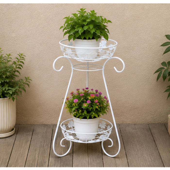 White Metal 2-Tier Plant Stand – Decorative Double Pot Holder with Scrollwork