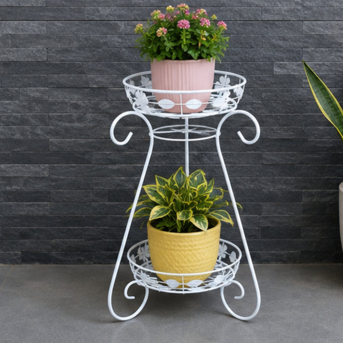 White Metal 2-Tier Plant Stand – Decorative Double Pot Holder with Scrollwork