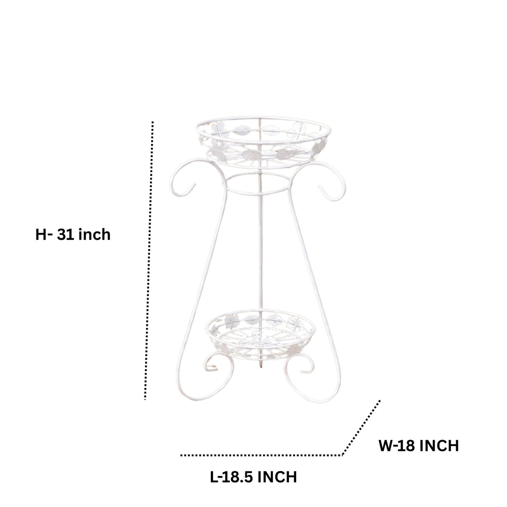 White Metal 2-Tier Plant Stand – Decorative Double Pot Holder with Scrollwork