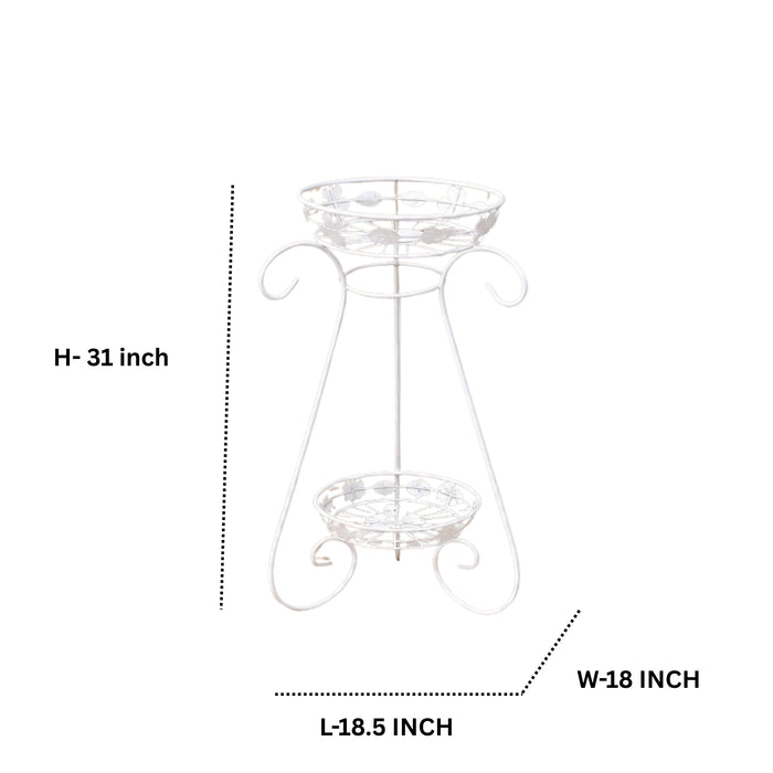 White Metal 2-Tier Plant Stand – Decorative Double Pot Holder with Scrollwork