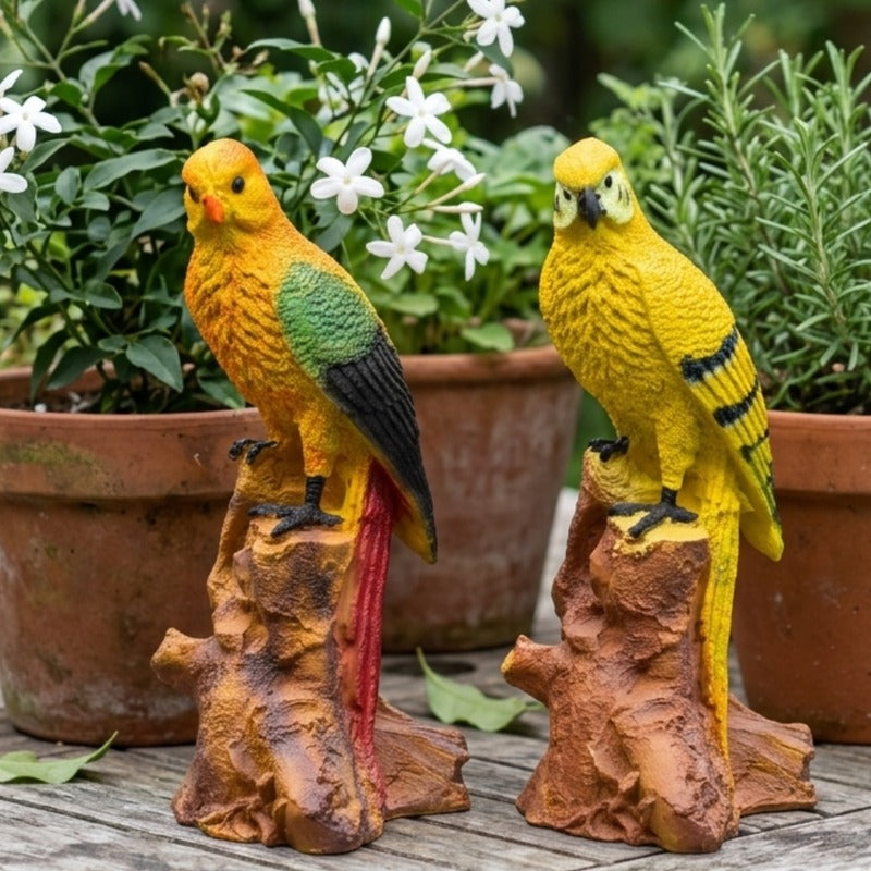 Resin Parrot Duo on Tree Stumps – Colorful Macaw Garden Ornaments (Set of 2)Yellow
