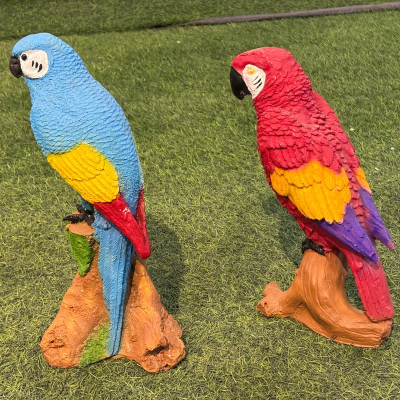 Resin Parrot Duo on Tree Stumps – Colorful Macaw Garden Ornaments (Set of 2)