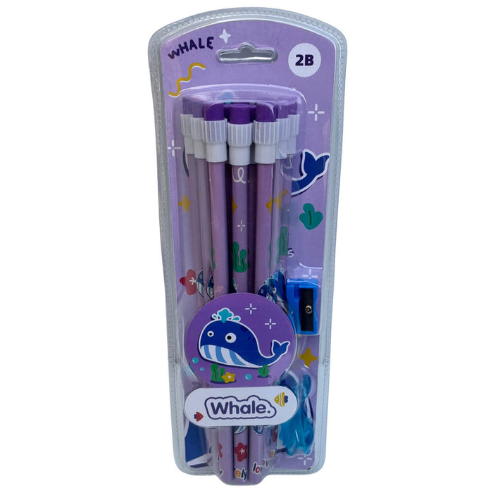 2B Pencil set -Pack of 12  with top erasers , 1 grip and 1 sharpner | Writing pencils for school and return gifts|Whale Design