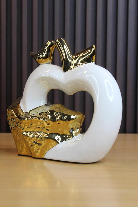 White & Gold Ceramic Heart & Bird Decoration