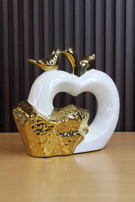 White & Gold Ceramic Heart & Bird Decoration