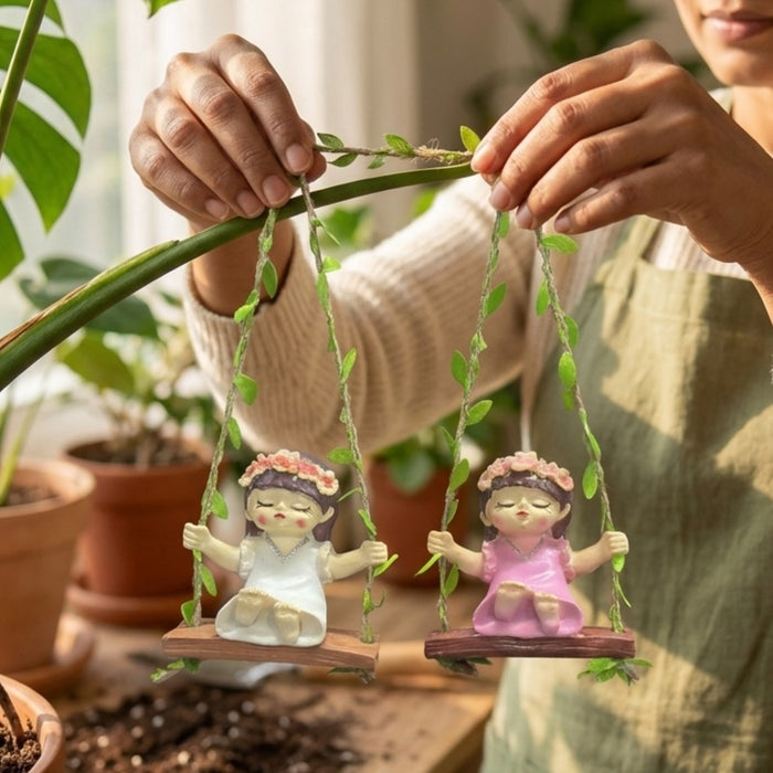 Wonderland Whimsical Garden Fairy Duo – Hanging Resin Girl Figurines on Swings with Leaf Accents – Enchanting Outdoor & Indoor Décor- White&Pink-3.5x2.1x3.6inch