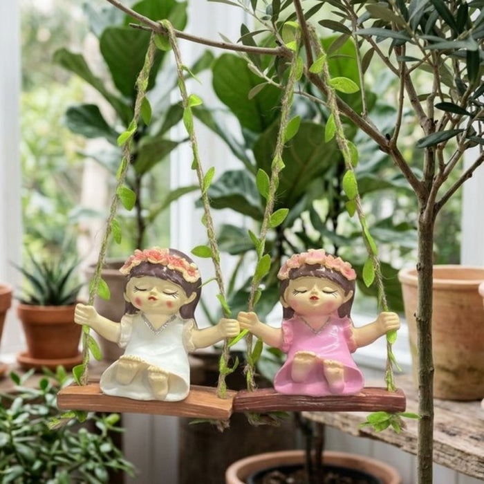 Wonderland Whimsical Garden Fairy Duo – Hanging Resin Girl Figurines on Swings with Leaf Accents – Enchanting Outdoor & Indoor Décor- White&Pink-3.5x2.1x3.6inch