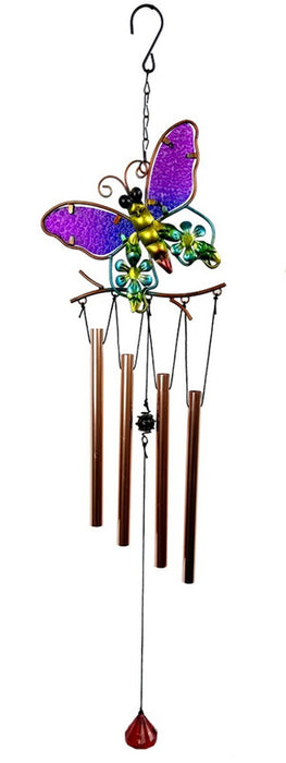 Purple stained glass butterfly wind chime with copper-toned metal tubes and a red glass clapper, hanging on a white background. -