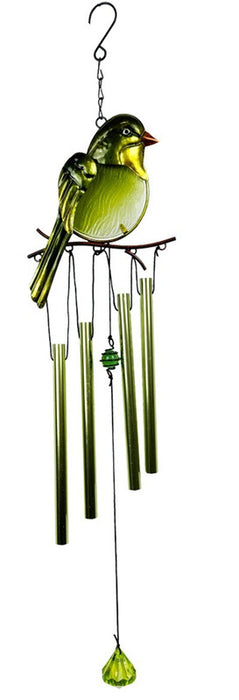 Green stained glass and metal bird wind chime with four gold-toned tubes and a matching green glass windcatcher, on a white background