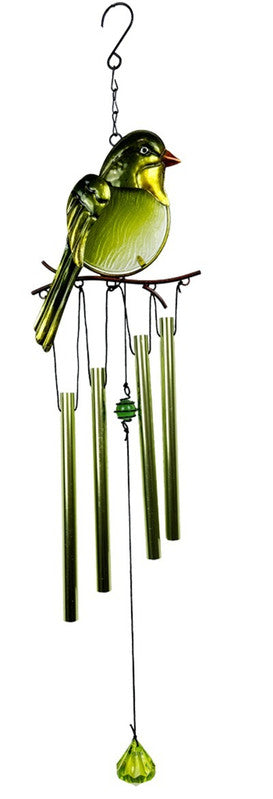 Green stained glass and metal bird wind chime with four gold-toned tubes and a matching green glass windcatcher, on a white background