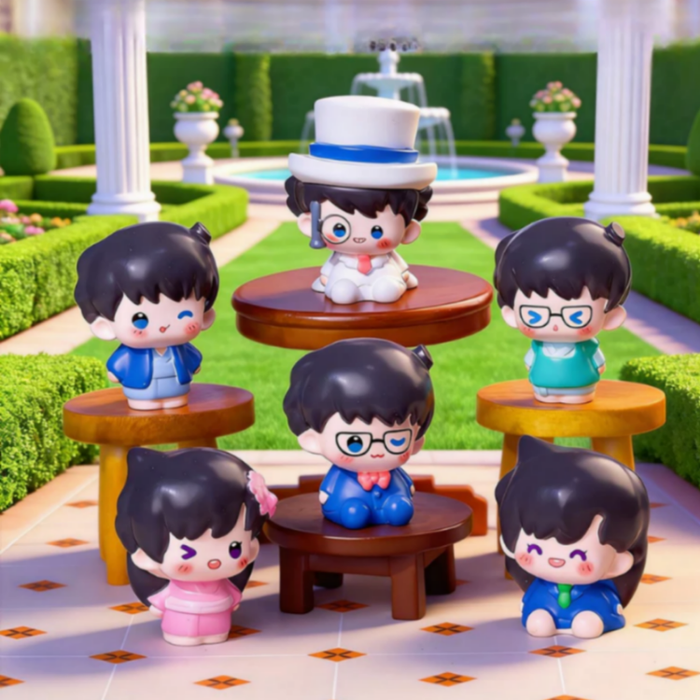 Set of 6 cute chibi anime detective and thief miniature figurines arranged on small wooden tables in a sunny formal garden with a fountain.