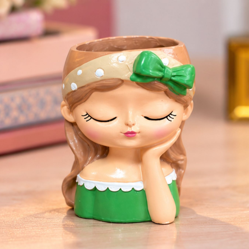 Cute Girl Face Planter for Succulents – 4-Inch Resin Flower Pot(Green Dress, Plant Not Included)