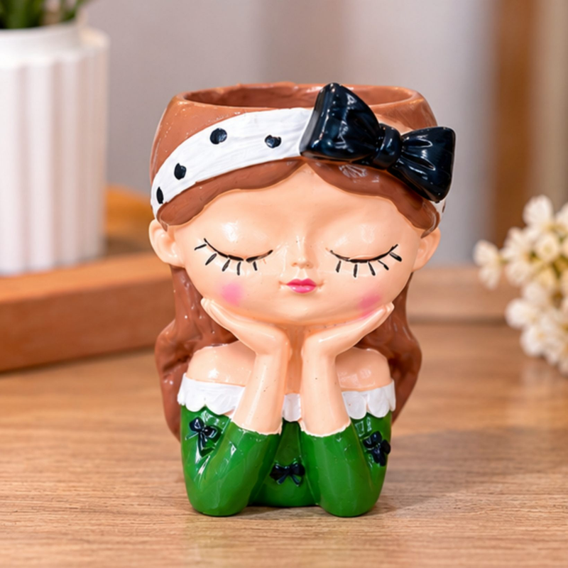 4 Inch Cute Girl Face Planter for Succulents – Decorative Resin Flower Pot (Plant Not Included)