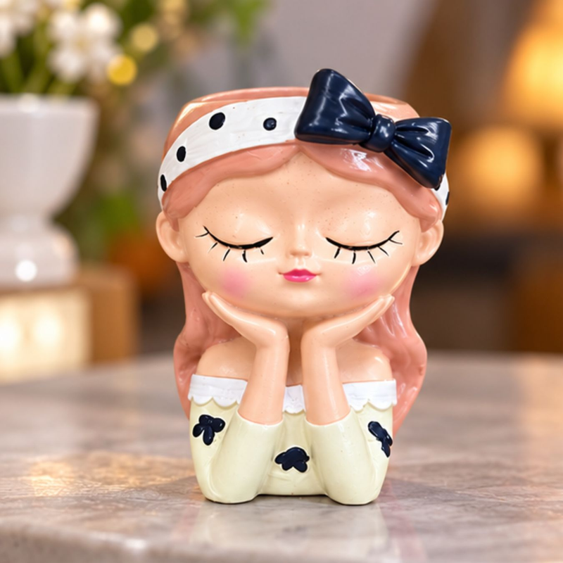 Cute Girl Face Planter with Bow Headband – 4-Inch Resin Succulent Pot & Decorative Flower Pot for Indoor Plants (Plant Not Included)