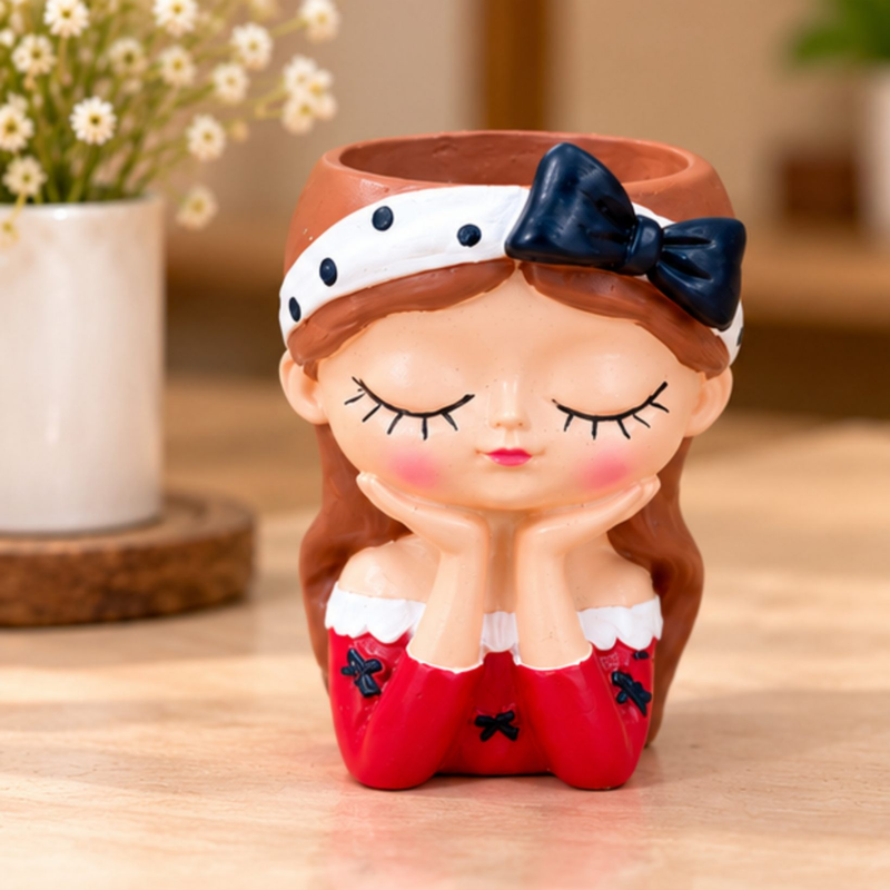 4-Inch Cute Girl Face Polyresin Planter for Succulent Pots(Red and White, Plant Not Included)