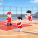 Set of 3 miniature basketball player figurines in red jerseys on a court