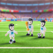 Three miniature soccer player figurines wearing number 10 white kits on a green football turf, with one holding a golden trophy and the others controlling soccer balls.