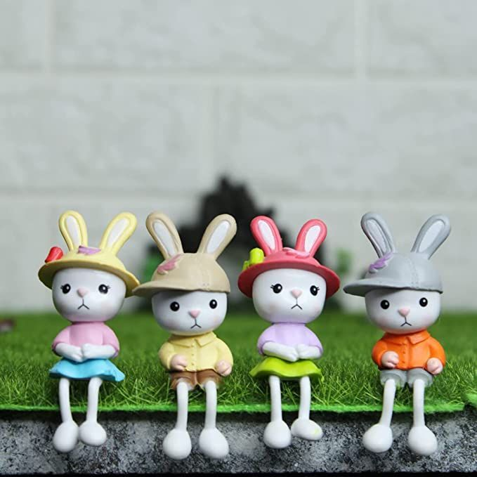 Cute Plastic Sitting Bunny Figurine Set of 4 – Hanging Leg Miniature Rabbit Statues for Home Decor, Garden & Shelves