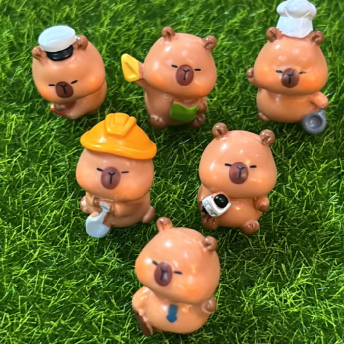 Cute set of 6 capybara miniature figurines in various occupational outfits