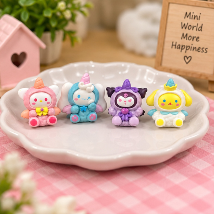 Four Sanrio character mini unicorn figurines (My Melody, Cinnamoroll, Kuromi, and Pompompurin)