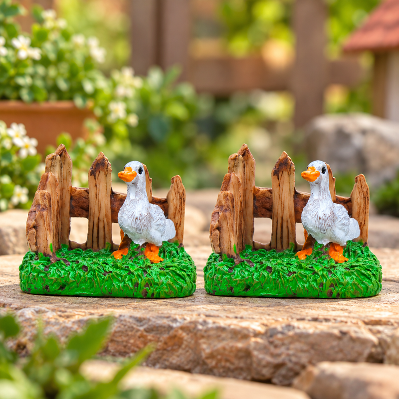 Handcrafted Miniature Duck with Wooden Fence Set (Set of 2) – Plastic Fairy Garden & Home Decor Figurines