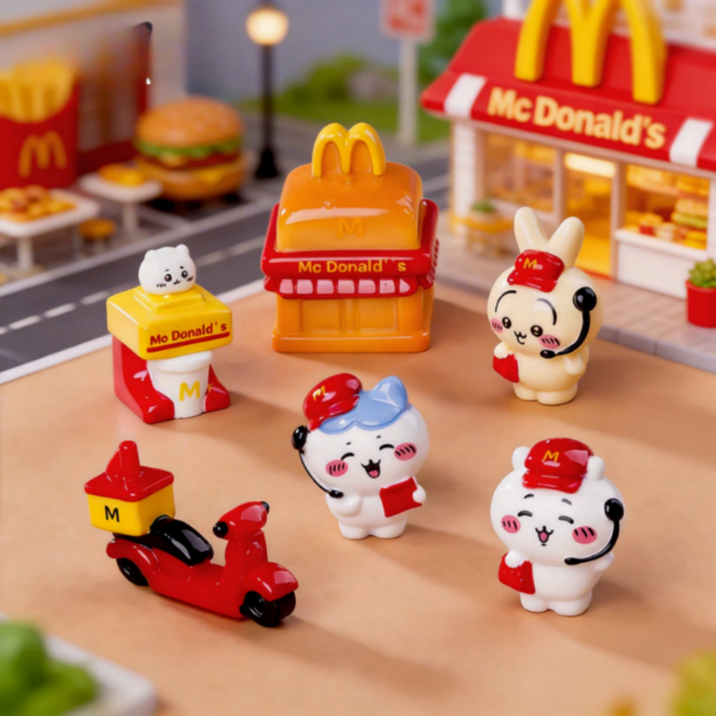 Kawaii Fast-Food Delivery Crew Miniature Figurine Set – 6-Piece Cute Cartoon Collectible Desktop & Diorama Decor