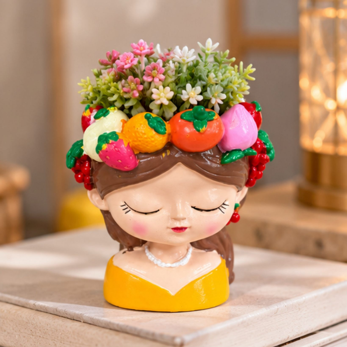 4 inch cute girl face decorative flower pot with colourful fruit accents and floral design, plant not included