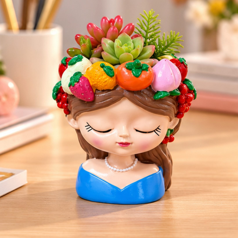 4 Inch Cute Girl Face Decorative Flower Pot with Colourful Fruit Design, Blue Mini Planter (Plant Not Included)
