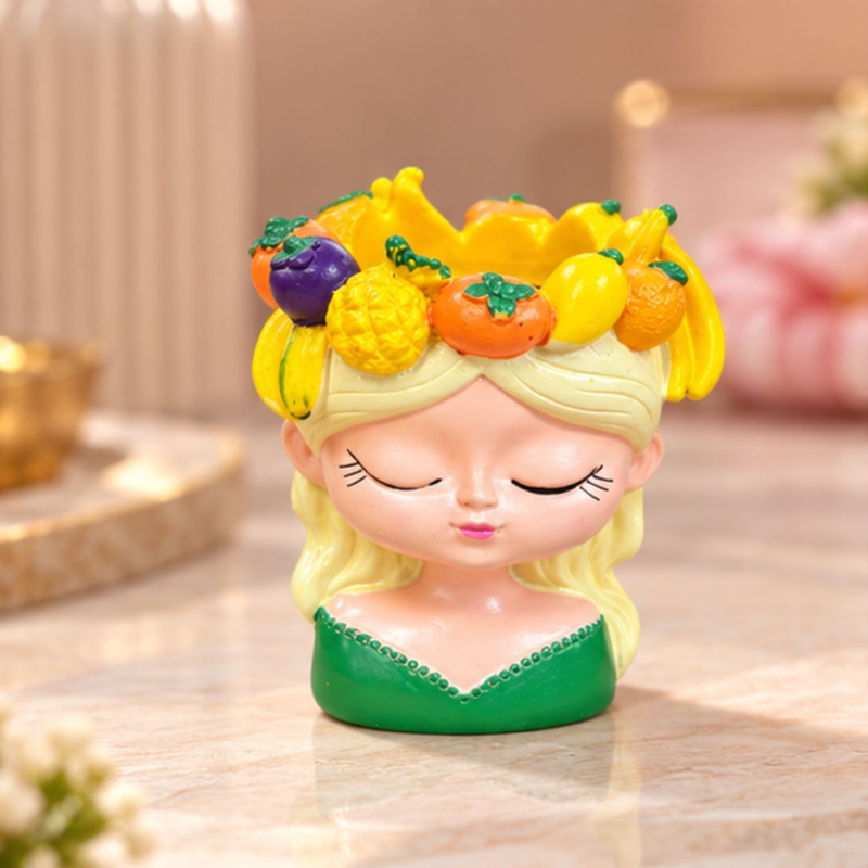 4 Inch Cute Girl Face Planter with Fruit Crown – Resin Head Flower Pot for Indoor Plants, Succulents, (Plant Not Included)