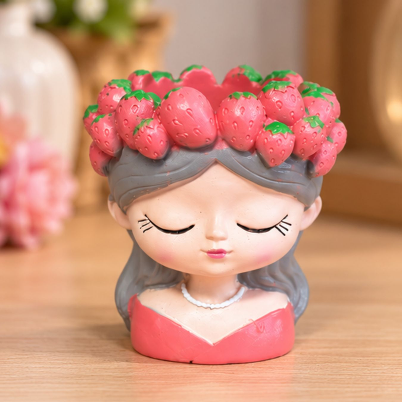 Cute Strawberry Girl Face Planter for Indoor Plants, 4-Inch Resin Succulent Pot, (Plant Not Included)