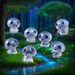 A set of seven translucent, glowing miniature forest spirit figurines with cute faces posed near a magical stream in a dark woodland setting