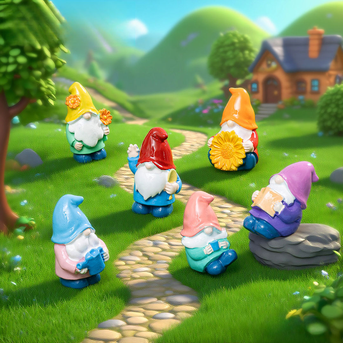 Set of six colorful miniature garden gnomes figurines in vibrant hats and outfits placed together on a plain background.