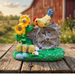 Miniature farm decor showpiece set featuring a hen on a wooden wheel, sunflowers, and hay bales on a wooden surface
