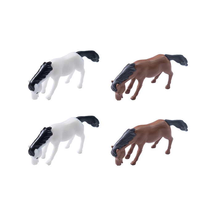 Set of 4 miniature grazing horse and pony figurines displayed on green grass for fairy gardens and terrariums