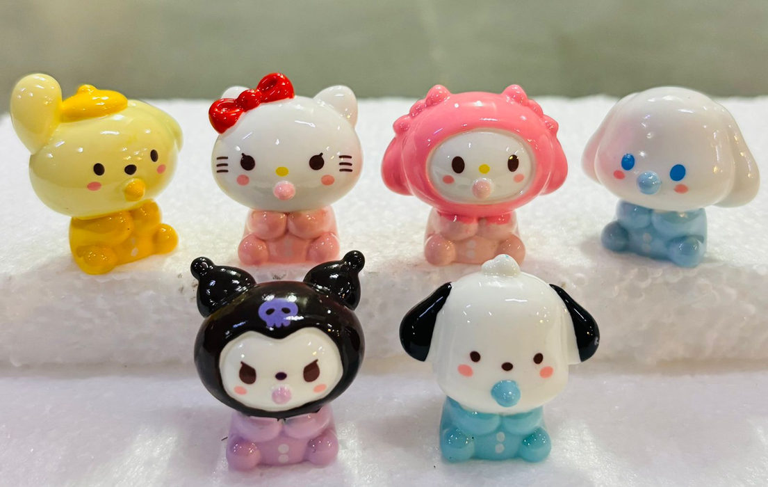Set of 6 kawaii Sanrio baby miniature figurines featuring Pompompurin, Hello Kitty, My Melody, Cinnamoroll, Kuromi, and Pochacco on a white background.