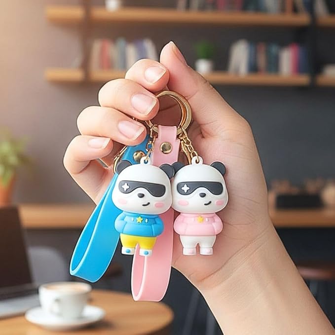 Wonderland Kawaii style ( set of 2) Cool Panda Couple Keychain with Sunglasses – Cute Cartoon Keyring with Wrist Strap