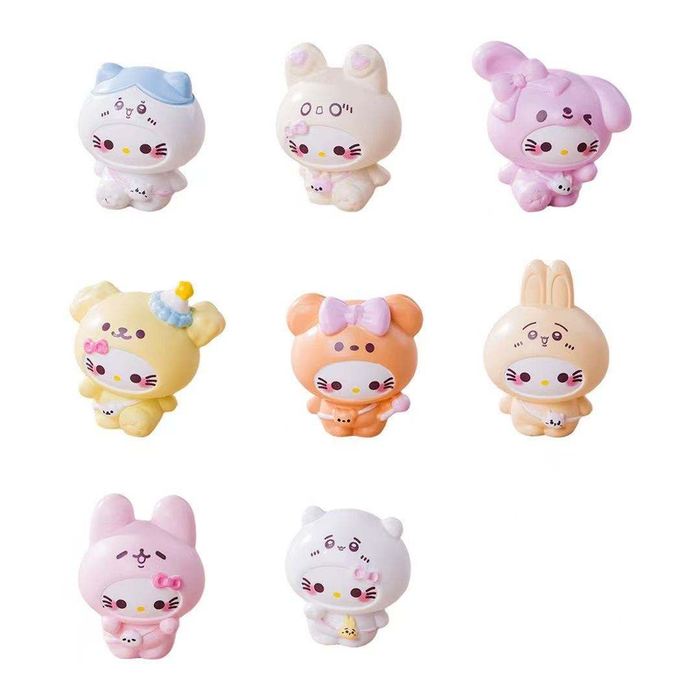 Set of 8 kawaii Hello Kitty miniature figurines dressed in pastel animal onesies