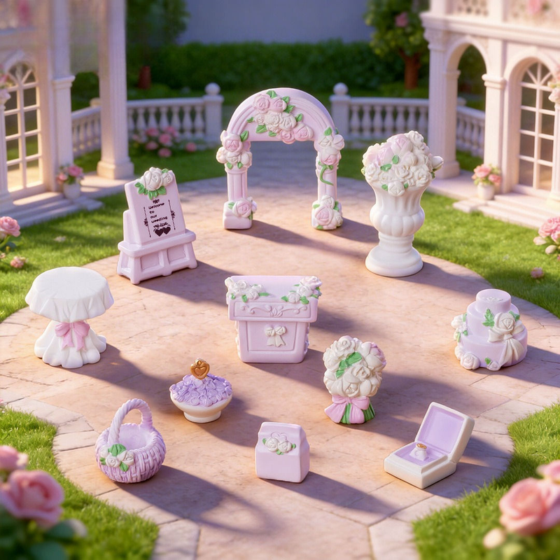 Pastel Lavender Miniature Wedding Decor Set – 11-Piece Romantic Fairy Tale Dollhouse Accessories